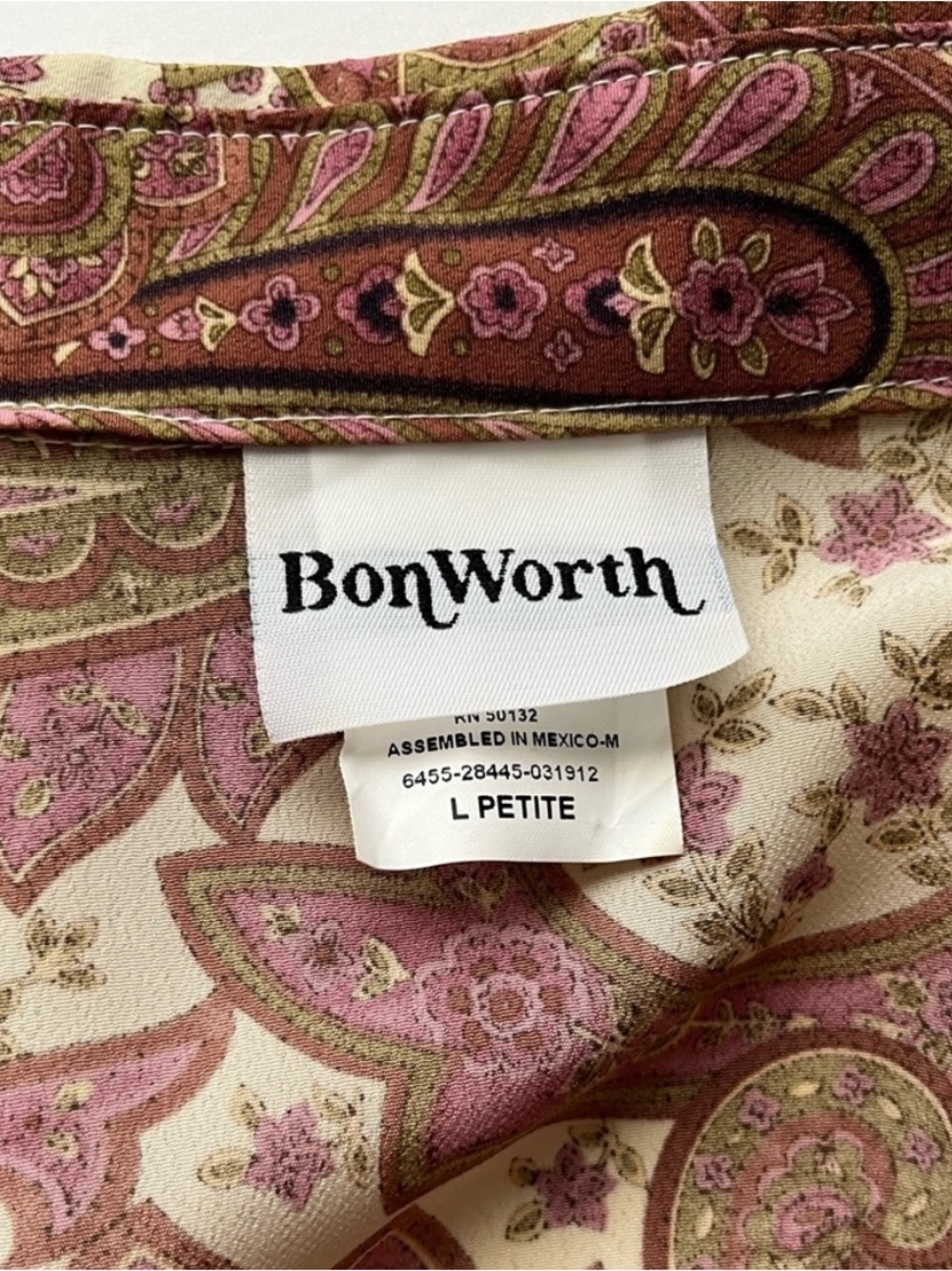BonWorth Paisley Blouse Button‑Front 3/4 Sleeves Pink & Cream XL - Picture 3 of 16
